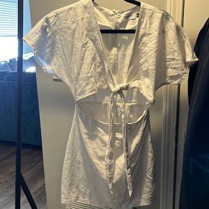 White linen front tie white mini dress.